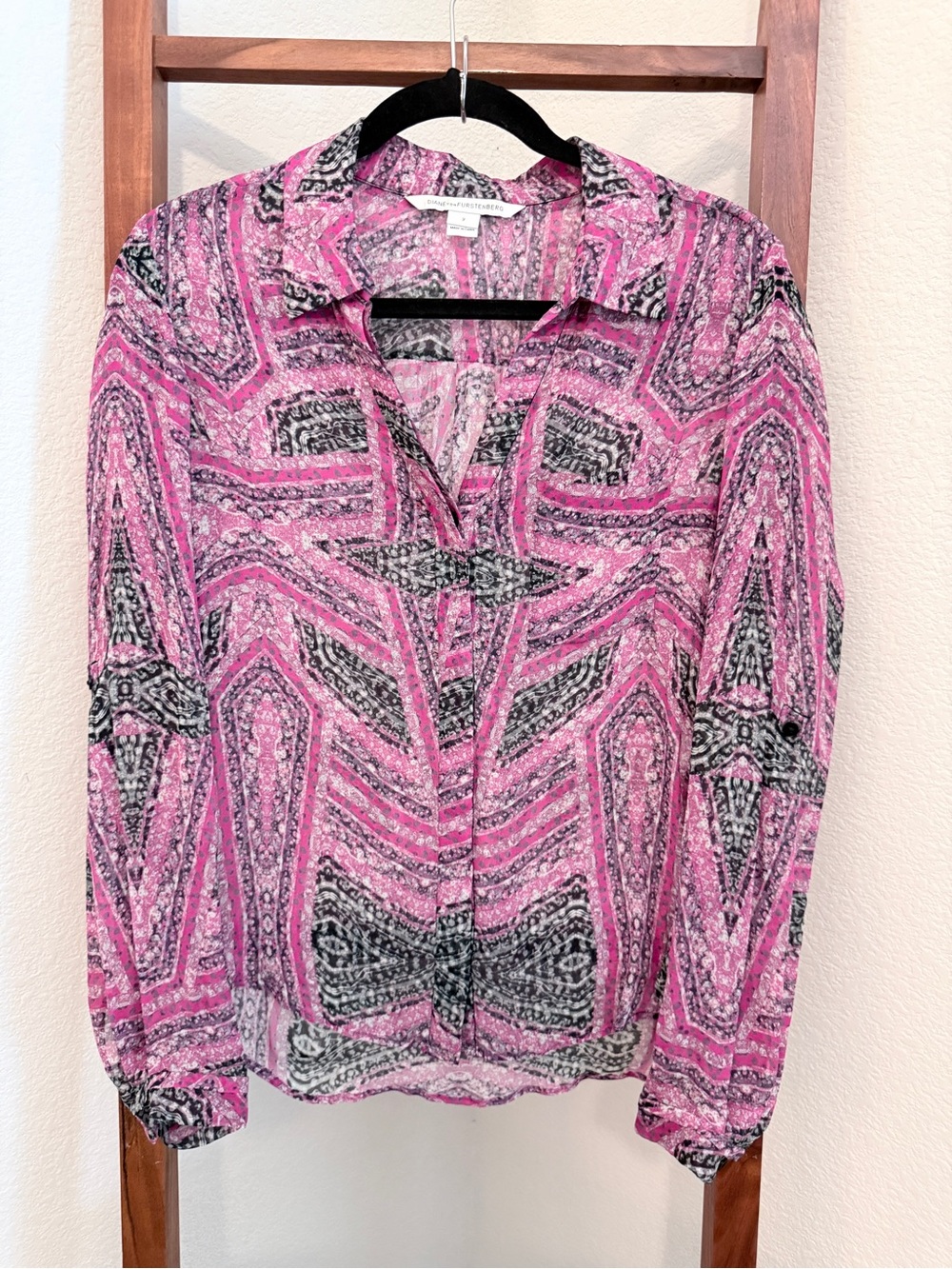 Diane Von Furstenberg Lorelei Two Print Silk Chiffon Long Sleeve Blouse Size 2